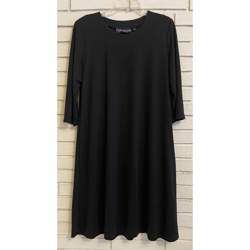 Susan Graver Black Ponte Knit Dress 3/4 Sleeve Knee Length Size Medium